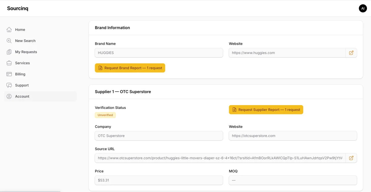 Sourcinq dashboard showing supplier search results with classification